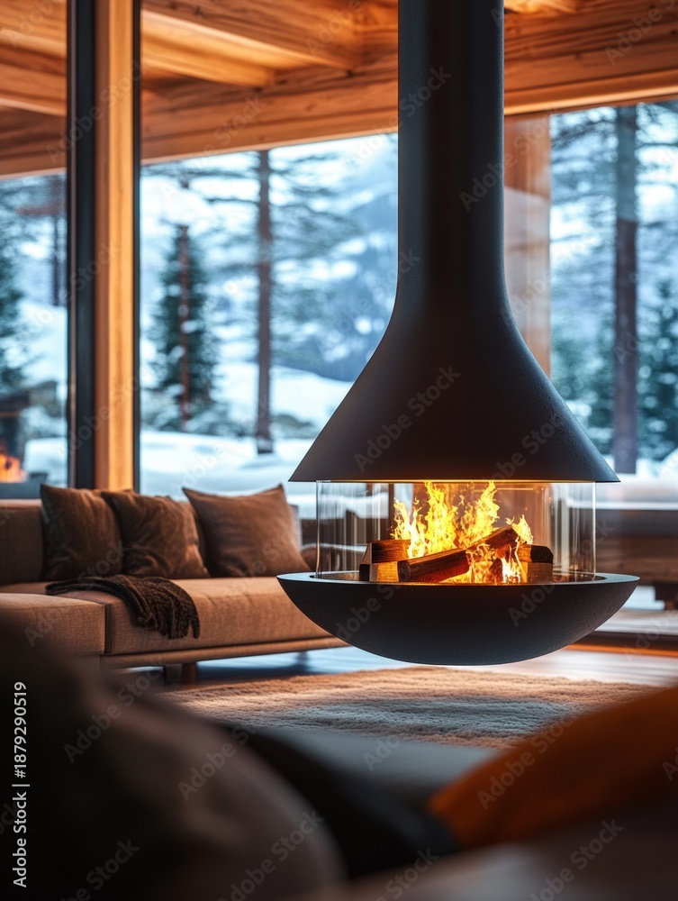 Fototapeta premium Stylish hanging fireplace with flames in a modern living space.