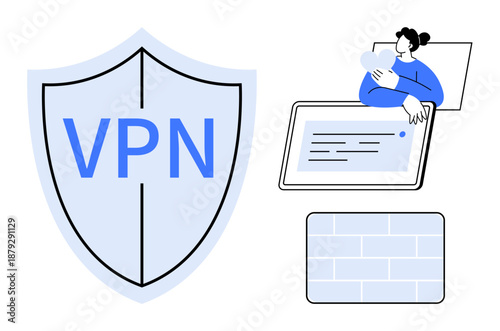 VPN concept. VPN shield icon portrays protection. Woman with laptop s secure online communication. VPN guards privacy, protects data, ensures security. For cybersecurity, privacy tools, data