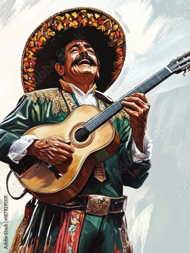 Male entertainer in sombrero and ranchero outfit performing with guitar.