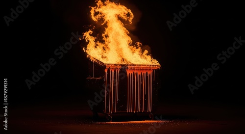 Fiery destruction a dumpster engulfed in flames against a stark black background represents loss