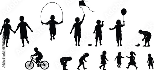 : Collection of children silhouettes playing, running, jumping rope, flying kite, cycling, and holding balloons symbolizing joyful childhood, fun activities, freedom, growth, and innocence isolated on