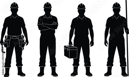 Construction worker silhouettes set wearing safety helmets with tools and equipment isolated on white background, industrial labor illustration for engineering, workforce, and building concepts