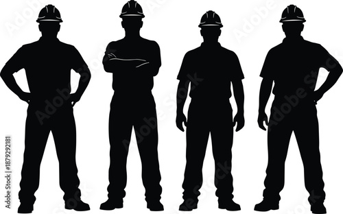 Construction worker silhouettes wearing safety helmets standing in confident poses isolated on white background, industrial workforce illustration for labor, safety, teamwork, and building concepts
