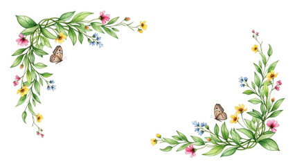 Floral border with colorful flowers and green leaves isolated on transparent background