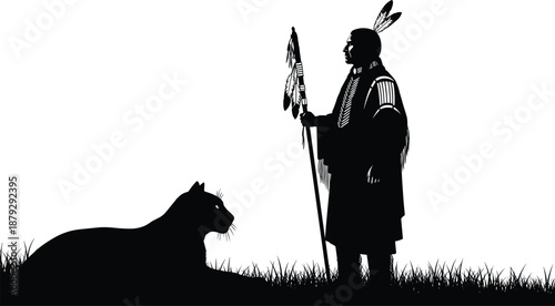 Silhouette of Native American warrior with staff and feathers facing wild panther symbolizing strength, courage, spirituality, tradition, wildlife, and ancestral harmony isolated on white background