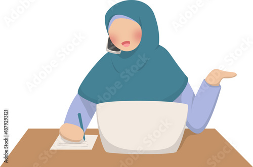 Woman working on laptop and writing notes