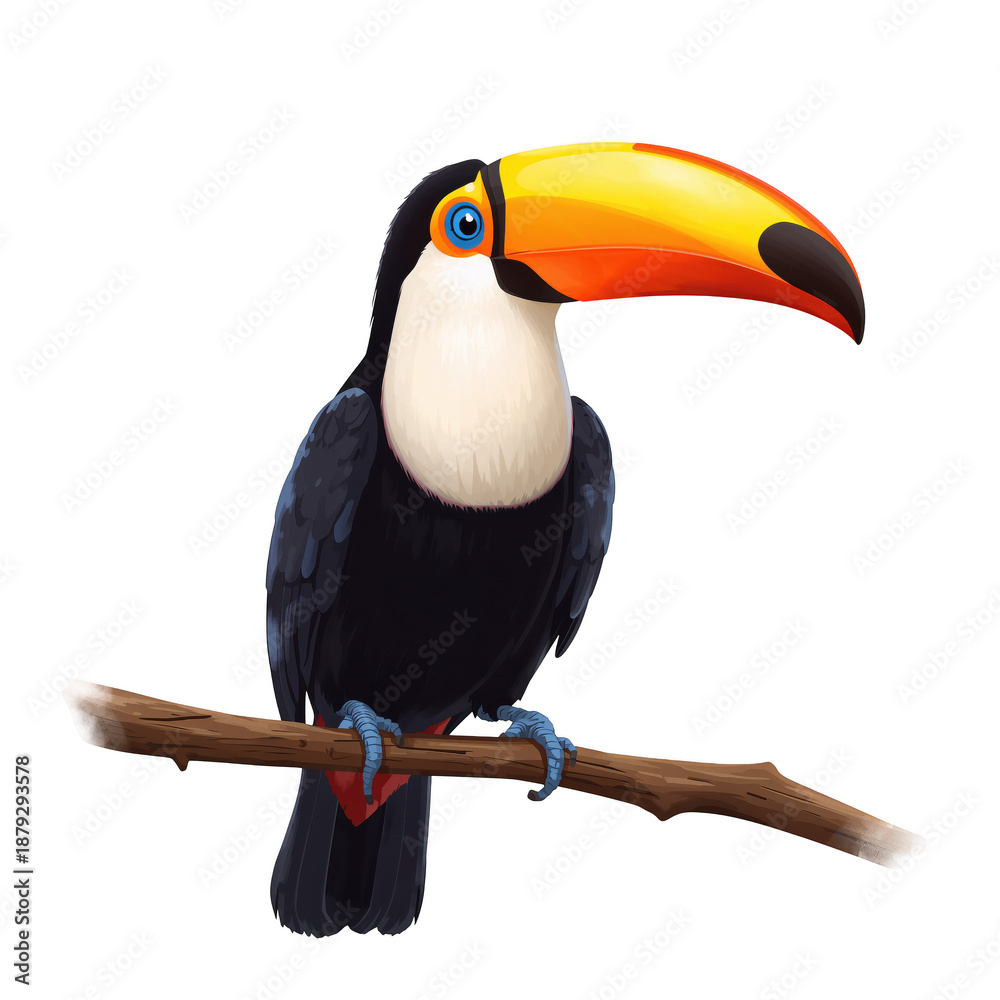Fototapeta premium Colorful toucan perched on a branch digitally illustrated on transparent background