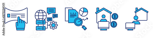 data work icon set. for online services. icon set contain online form, server management, data analysis, freelance work, work at home. simple vector blue illustration.