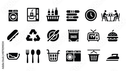 black glyph icons set for laundromat and cafeteria services showing washing machines, food trays, vending machines, and people eating in minimalist style.