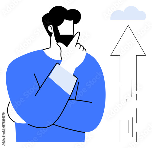 Business growth, future planning, personal development, cloud technology, decision-making, and innovation. A man contemplating an upward arrow and cloud. Business growth and future planning concept