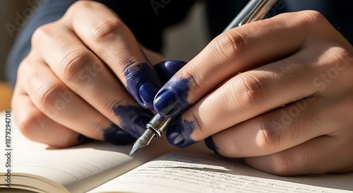 Close-up of Hands Covered in Ink Writing in a Notebook