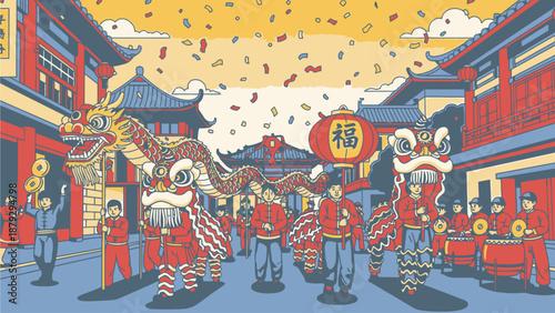 Vibrant Chinese New Year Celebration with Dragon Dance