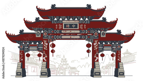 Chinese Temple Gate with Lanterns