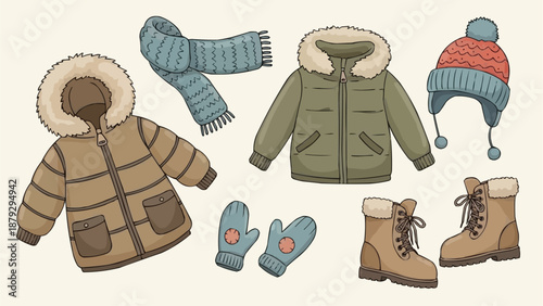 Collection of warm winter clothing for cold weather protection.