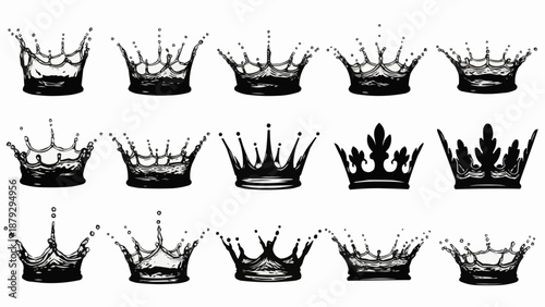 Collection of Water Splash Crowns Isolated on White Background.