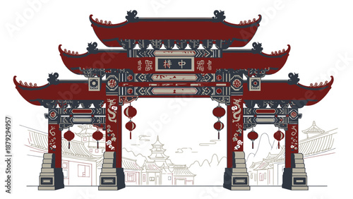 Traditional Chinese Gate with Lanterns and Ornate Design