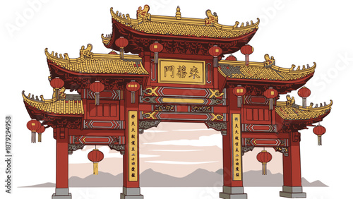 Vibrant Chinese Gate with Pagoda Roofs and Lanterns