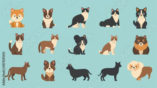 Collection of Various Dog Breeds in Flat Design Style.