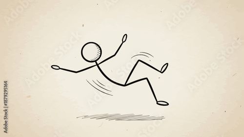 Clumsy Stick Figure Falling Backward and Slipping on a Textured Light Beige Background