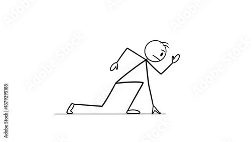 Stick Figure Runner Preparing to Start Sprinting in a Race on Isolated White Background