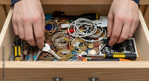Overhead view of hands organizing a cluttered drawer filled with a random assortment of household items, keys, cables, and tools, a common scene of home decluttering