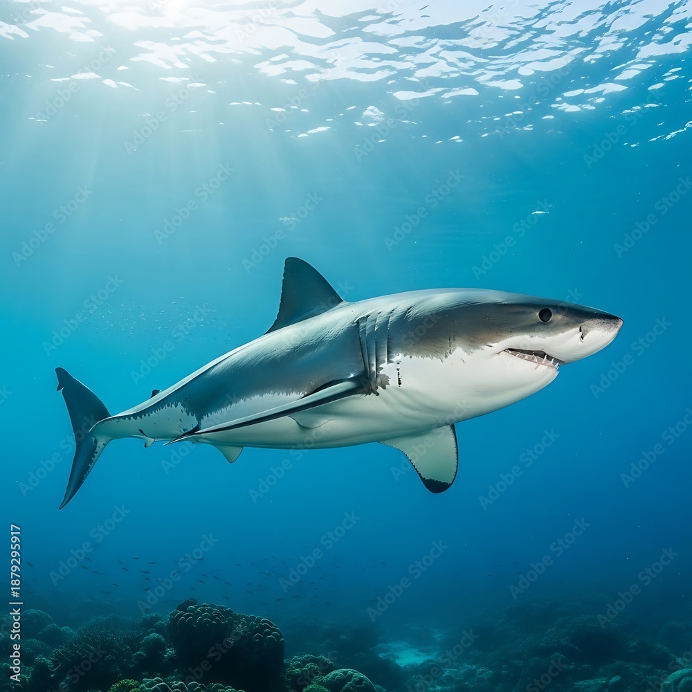 Obraz premium Great White Shark Swimming in the Ocean Depths with Sunlight.