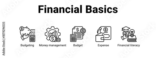 Financial Basics web banner icon vector illustration concept ,  with icon of Budgeting, Money management, Budget, Expense.