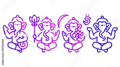 Cute Lord Ganesha Doodles in Vibrant Purple and Blue Neon Gradient Style
