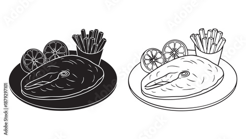 Fish fries and lemons on transparent background silhouette