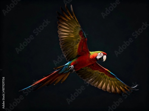 Macaw flying in studio
