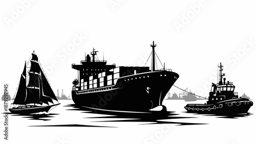 Container ship assisted by tugboat with sailboat nearby.