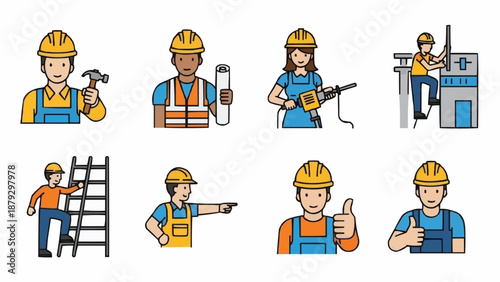 Construction Workers With Tools And Equipment Set.