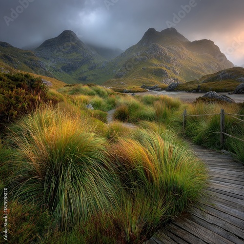 Moody, grassy mountain landscape with boardwalk path
