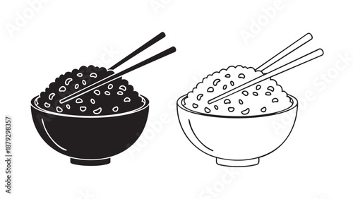 Bowls of rice with chopsticks silhouette on transparent background