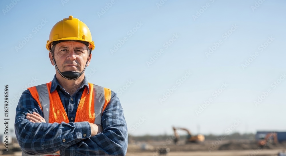 Obraz premium A man in a yellow hard hat and orange safety vest standing on a construction site with a construction vehicle in the background.