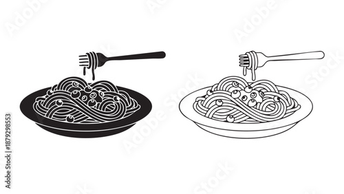 Spaghetti with fork on transparent background silhouette