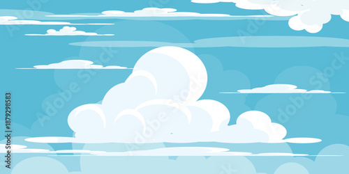 Illustration of a blue sky with white clouds in a flat style. Blue sky background and white clouds. Cartoon sky	
