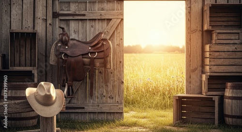 A rustic wooden barn with a saddle and a cowboy hat in the foreground, set against a backdrop of a golden field and a clear sky.