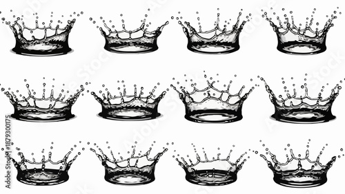 Collection of water splashes forming crowns in sequence.