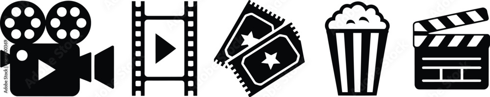 Fototapeta premium A horizontal row of simple black icons depicting essential elements of film and cinema