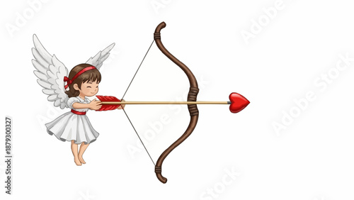 Cupid angel aiming bow and arrow with heart arrow.