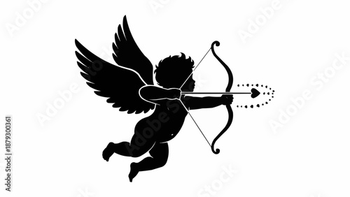 Cupid Silhouette Aiming Bow and Arrow with Heart Arrow.