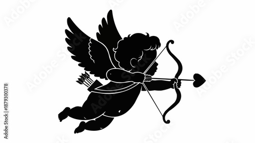 Cupid Silhouette Aiming Bow and Arrow with Heart Arrow.