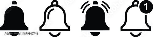 A sequential series of four black bell icons representing different notification states on white