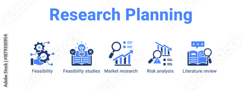 Research Planning web banner icon vector illustration concept ,  with icon of Feasibility, Feasibility studies, Market research, Risk analysis.