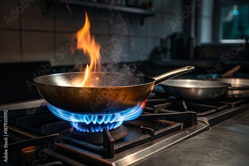 Ultra realistic closeup photo of metal wok on gas burner with blue orange flames, cinematic lighting, dark kitchen background, dynamic heat, professional food photography details.