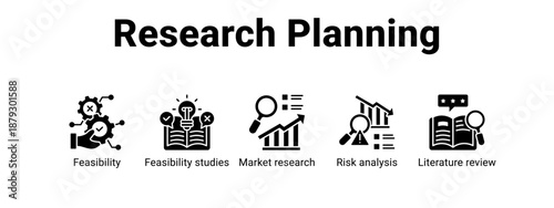Research Planning web banner icon vector illustration concept ,  with icon of Feasibility, Feasibility studies, Market research, Risk analysis.