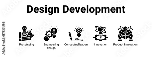 Design Development web banner icon vector illustration concept ,  with icon of Prototyping, Engineering design, Conceptualization, Innovation.