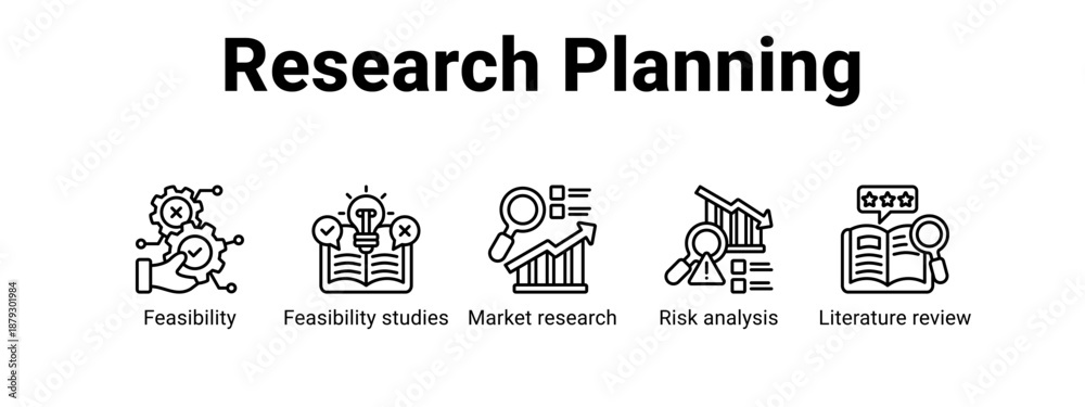 Fototapeta premium Research Planning web banner icon vector illustration concept , with icon of Feasibility, Feasibility studies, Market research, Risk analysis.
