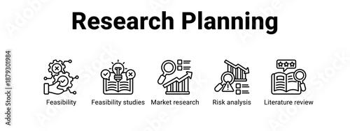 Research Planning web banner icon vector illustration concept ,  with icon of Feasibility, Feasibility studies, Market research, Risk analysis.